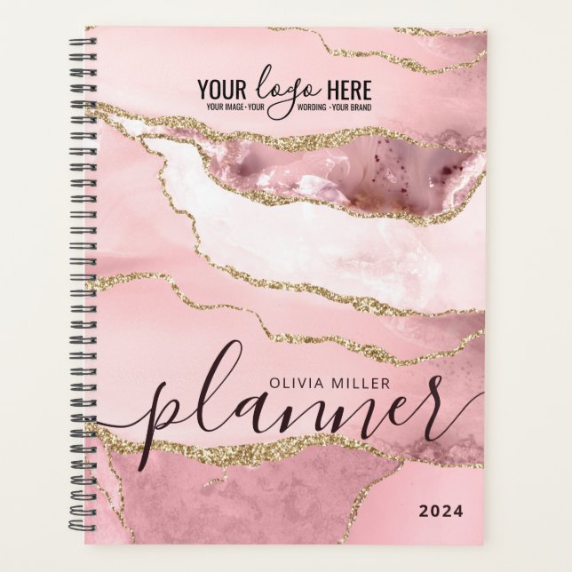 Blush Pink Gold Glitter Agate Business Logo 2024 Planner (Front)