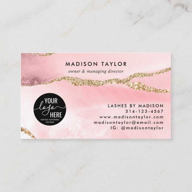 Blush Pink Gold Glitter Agate Custom Logo Monogram Business Card (Back)