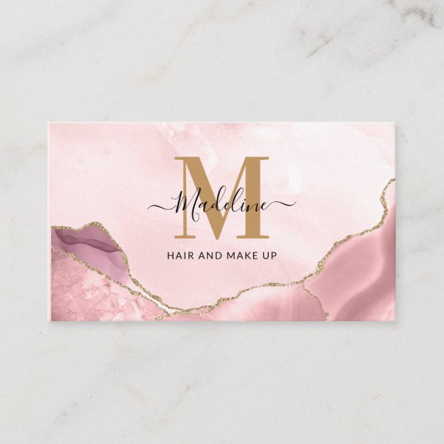 Blush Pink Gold Glitter Agate Marble Monogram Business Card (Front)