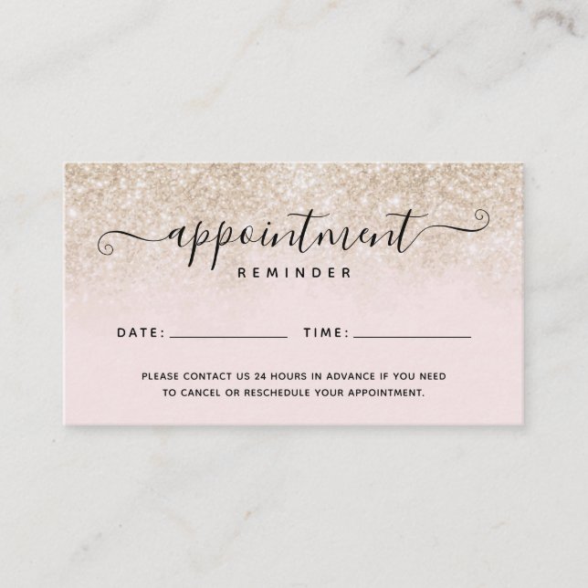 Blush Pink Gold Glitter Appointment Reminder Card (Front)