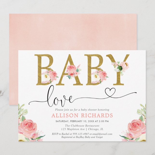 Blush pink gold glitter Baby Love girl shower Invitation (Front/Back)