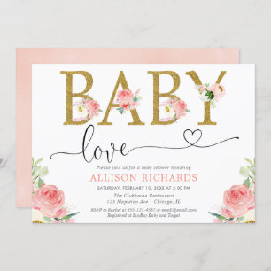 Blush pink gold glitter Baby Love girl shower Invitation