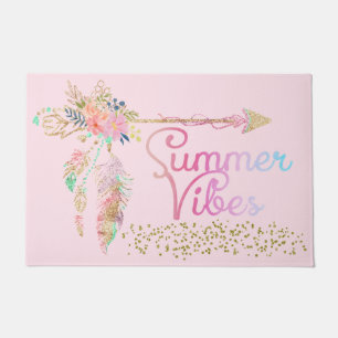 Blush Pink Gold Glitter Boho Feather Summer Vibes Doormat