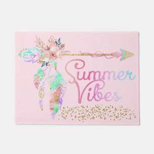 Blush Pink Gold Glitter Boho Feather Summer Vibes Doormat