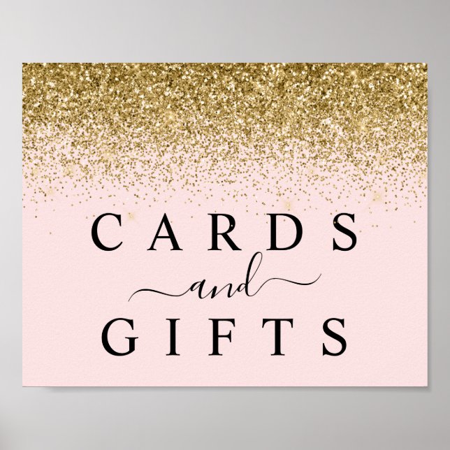 Blush Pink & Gold Glitter Cards & Gifts Table Sign (Front)