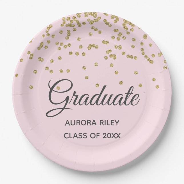 Blush Pink Gold Glitter Confetti Graduation Favour Paper Plate (Front)