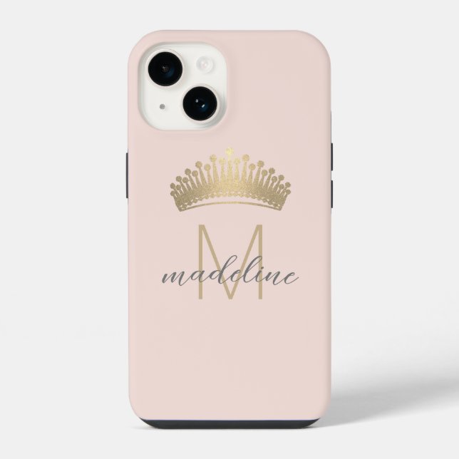 Blush Pink Gold Glitter Crown Monogram Initial iPhone Case (Back)