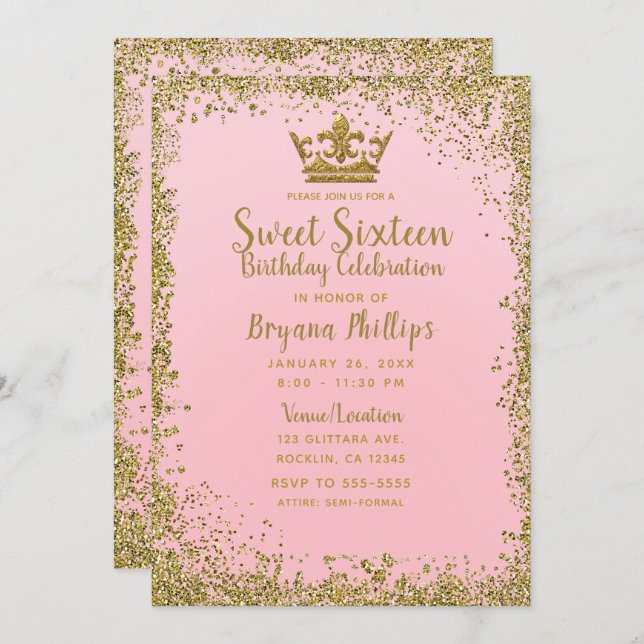 Blush Pink & Gold Glitter Crown Sweet 16 Party Invitation (Front/Back)