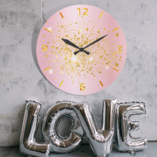 Blush pink gold glitter dust metal name script large clock
