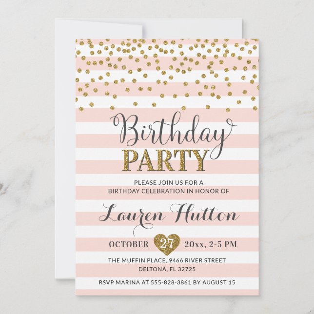Blush Pink Gold Glitter Elegant Birthday Party Invitation (Front)