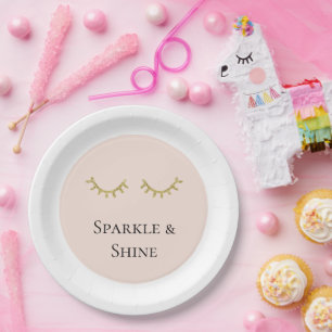 Blush Pink Gold Glitter Eyelashes Sparkle Paper Plate