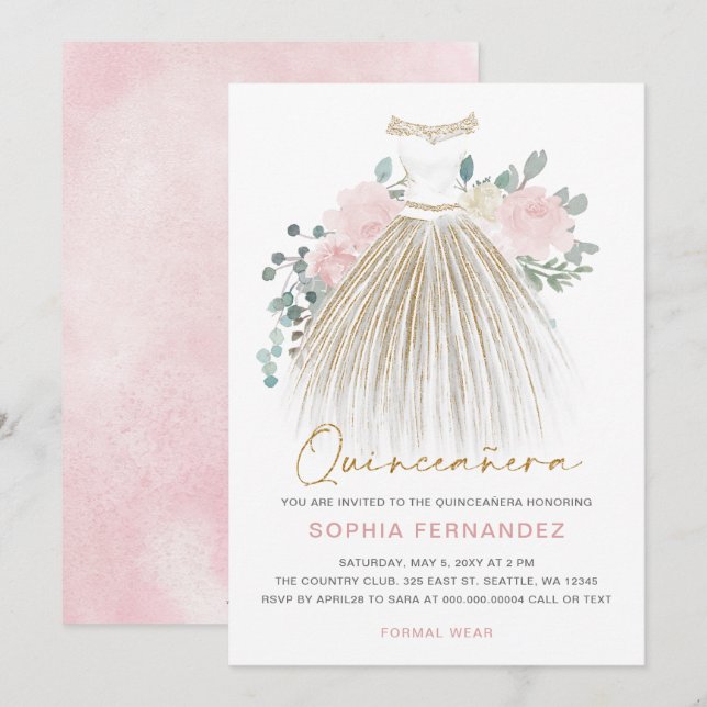 Blush Pink gold glitter Floral Dress Quinceañera Invitation (Front/Back)