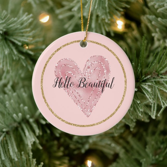 Blush Pink Gold Glitter Glitzy Heart Ceramic Tree Decoration (Tree)
