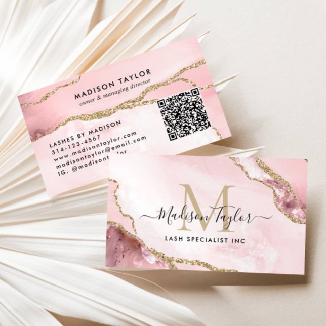 Blush Pink Gold Glitter Marble Agate Monogram QR Business Card (Creator Uploaded)