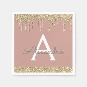 Blush Pink Gold Glitter Monogram Birthday Napkin