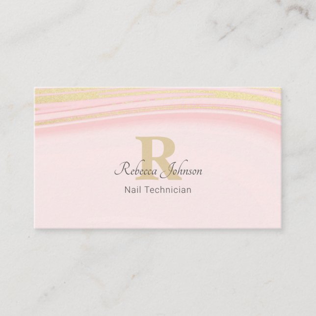Blush Pink Gold Glitter Monogram Girly Chic Business Card (Front)