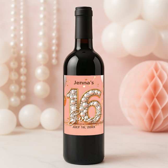 Blush Pink Gold Glitter Pearly Sweet 16 Birthday Wine Label (Creator Uploaded)
