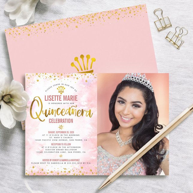 Blush Pink Gold Glitter Photo Quinceañera Invitation (Creator Uploaded)