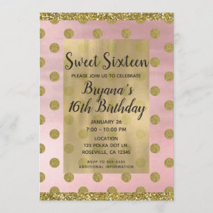 Blush Pink & Gold Glitter Polka Dots Sweet 16 16th Invitation