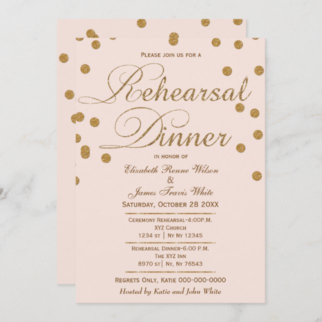 blush pink gold glitter rehearsal dinner invites (Front/Back)