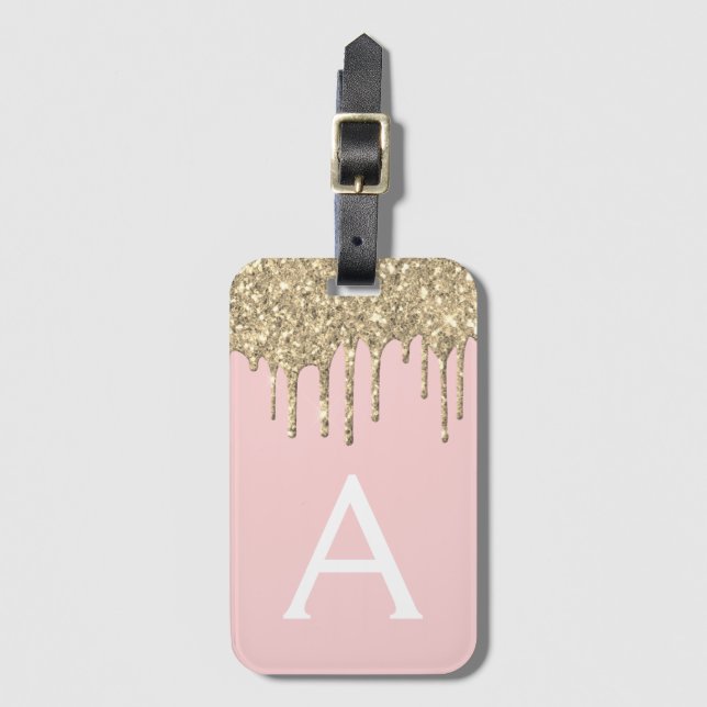 Blush Pink Gold Glitter Sparkle Monogram Luggage Tag (Front Vertical)