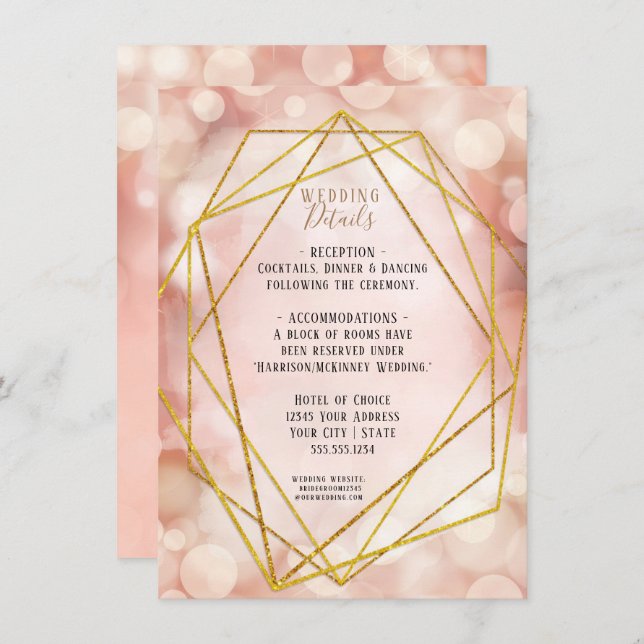 Blush Pink Gold Glitter Twinkle Lights Details Invitation (Front/Back)