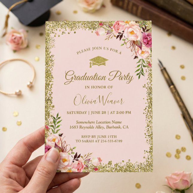 Blush Pink Gold Glitters Floral Photo Graduation Invitation (Creator Uploaded)