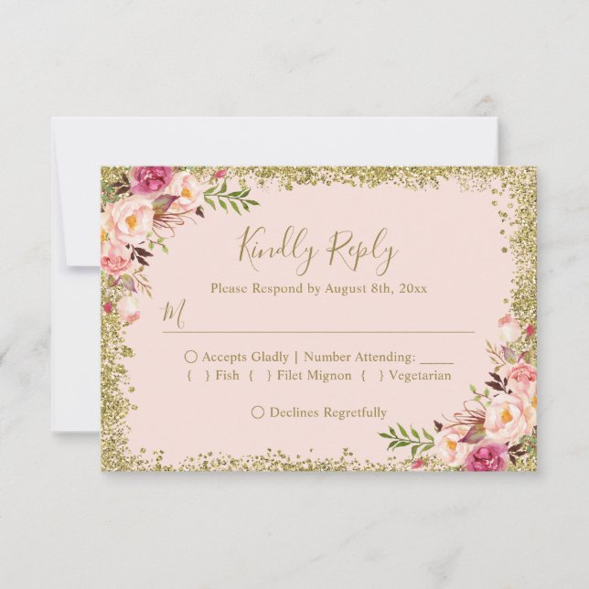 Blush Pink Gold Glitters Floral RSVP Reply (Front)