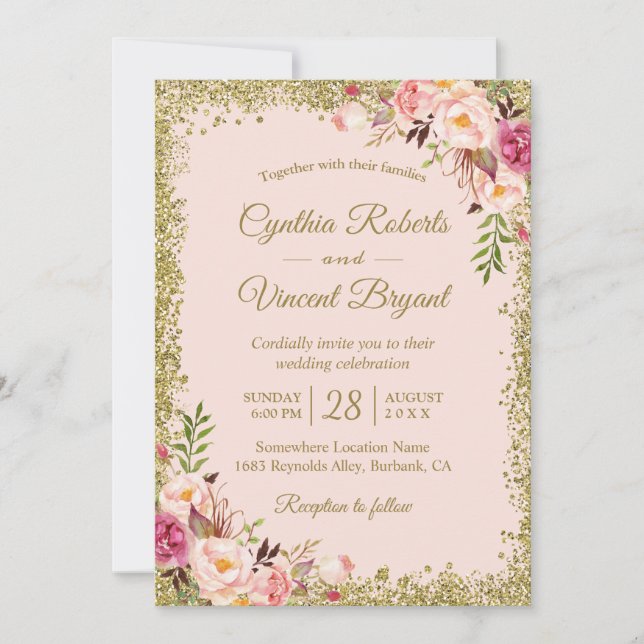 Blush Pink Gold Glitters Floral Wedding Invitation (Front)