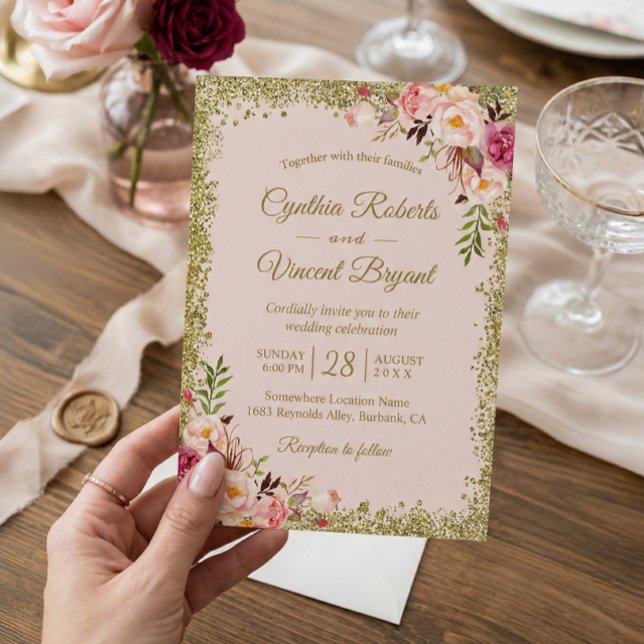 Blush Pink Gold Glitters Floral Wedding Invitation (Creator Uploaded)