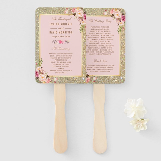 Blush Pink Gold Glitters Floral Wedding Program Hand Fan (Front and Back)