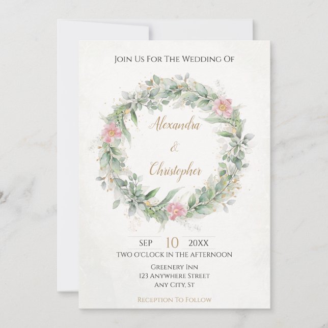 Blush Pink Gold Greenery Floral Invitation (Front)