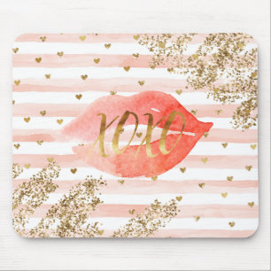 Blush Pink Gold Hearts XOXO Glitter Lips Mouse Pad