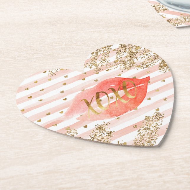 Blush Pink Gold Hearts XOXO Glitter Lips Paper Coaster (Angled)