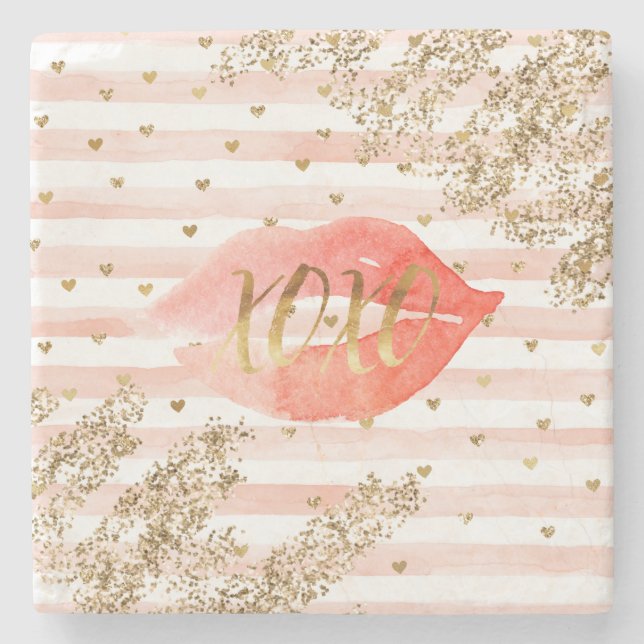 Blush Pink Gold Hearts XOXO Glitter Lips Stone Coaster (Front)