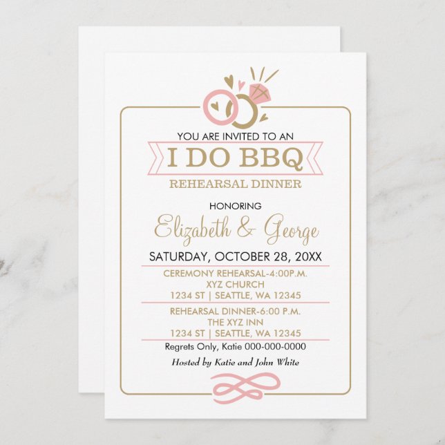 blush pink gold I DO BBQ rehearsal dinner Invitation (Front/Back)