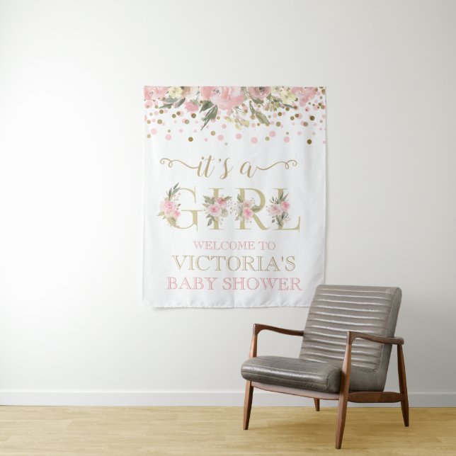 Blush Pink Gold Its A Girl Baby Shower Banner Tapestry (In Situ)