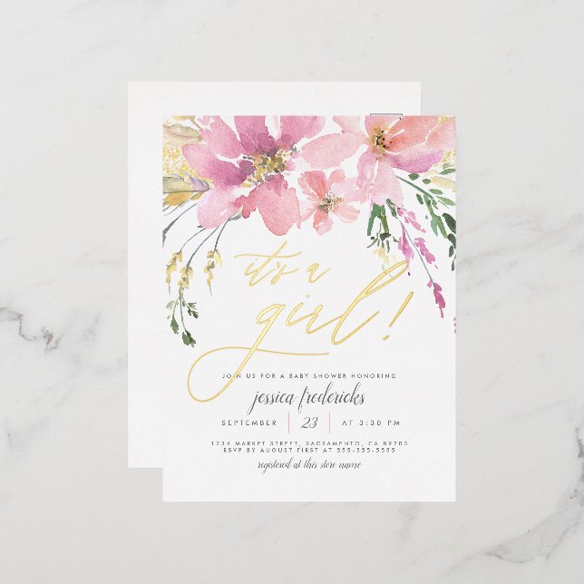 Blush Pink & Gold It's A Girl Floral Baby Shower Foil Invitation Postcard (Front/Back)
