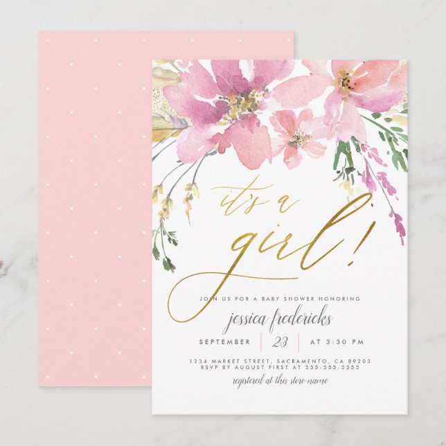 Blush Pink & Gold It's A Girl Floral Baby Shower Invitation (Front/Back)
