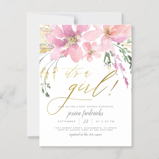 Blush Pink & Gold It's A Girl Floral Baby Shower Magnetic Invitation (Front)