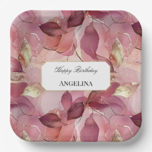 Blush Pink Gold Leaves Birthday Paper Plate