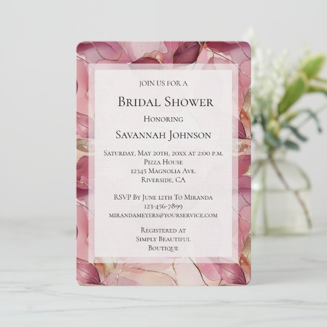 Blush Pink Gold Leaves Bridal Shower Invitation (Standing Front)