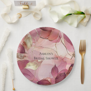 Blush Pink Gold Leaves Bridal Shower Paper Plate