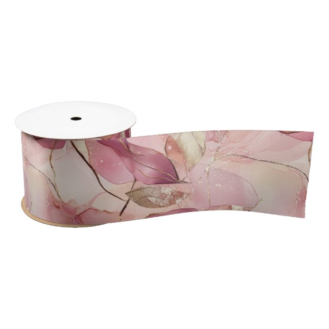 Blush Pink Gold Leaves Bridal Shower Satin Ribbon (Spool)