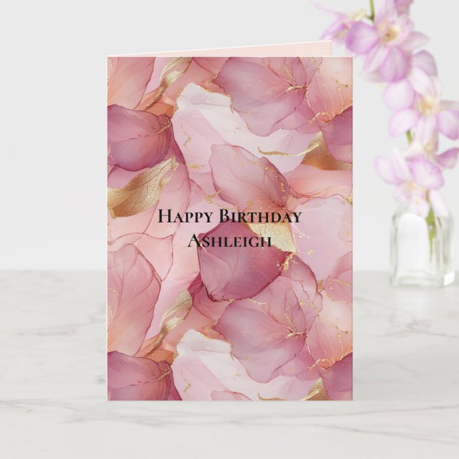 Blush Pink Gold Leaves Floral Birthday Card (Orchid)
