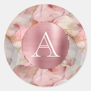 Blush Pink Gold Leaves Monogram Classic Round Sticker