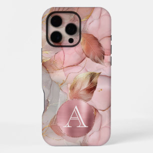 Blush Pink Gold Leaves Monogram iPhone 16 Pro Max Case