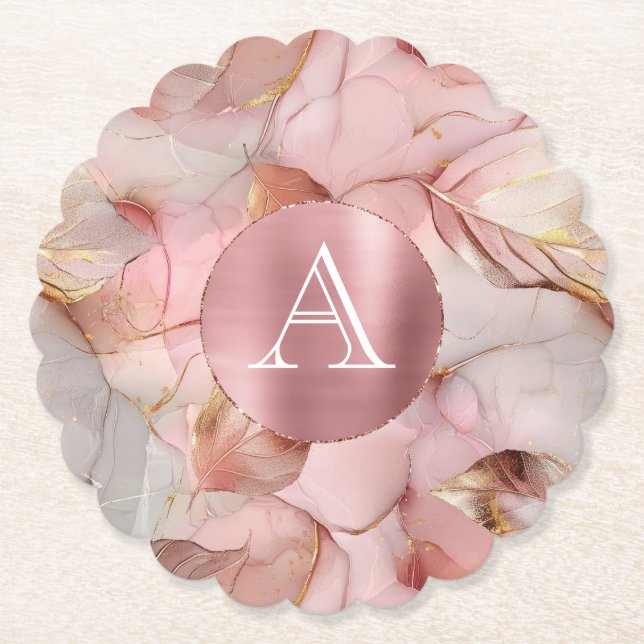 Blush Pink Gold Leaves Monogram Paper Coaster (Front)