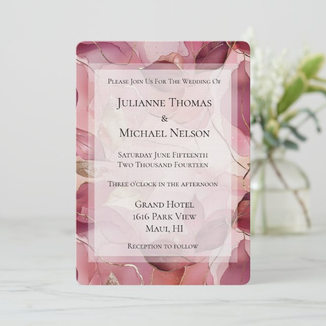 Blush Pink Gold Leaves Romantic Wedding Invitation (Standing Front)