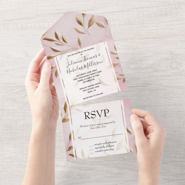 Blush Pink Gold Leaves Wedding All In One Invitation (Tearaway)